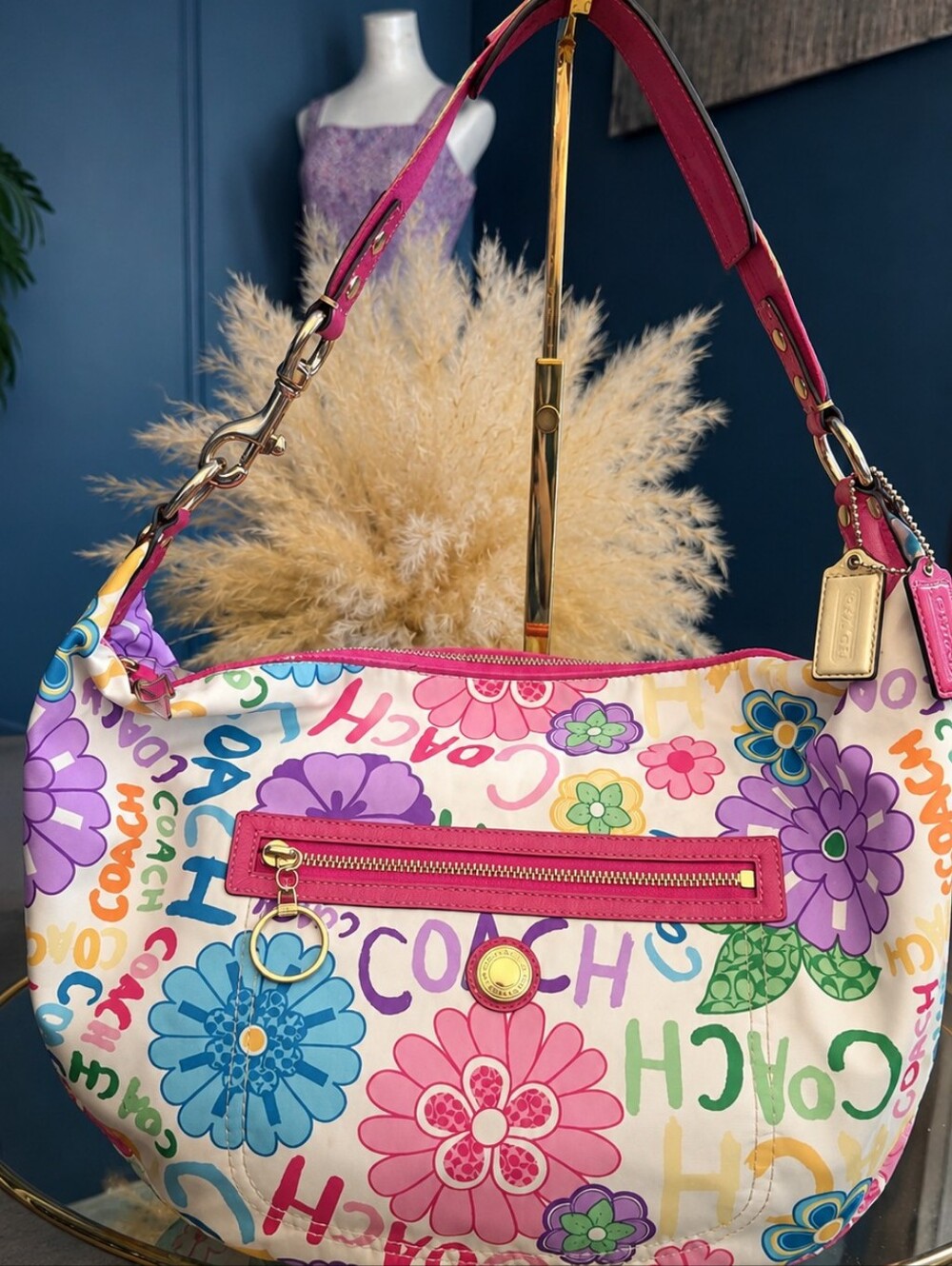 Coach Poppy Daisy Fingerpaint Graffiti Large Hobo Bag F14883 Pink Y2K Retro